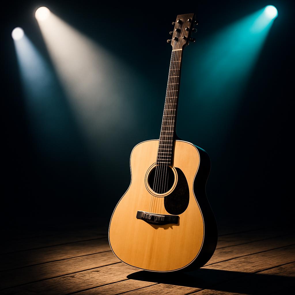 An acoustic guitar on a stage after a concert, under stage lights.