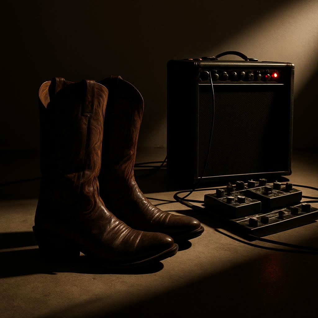 A pair of tall brown leather cowboy boots stands next to a small amp with knobs and cord in a shaded area with light point...