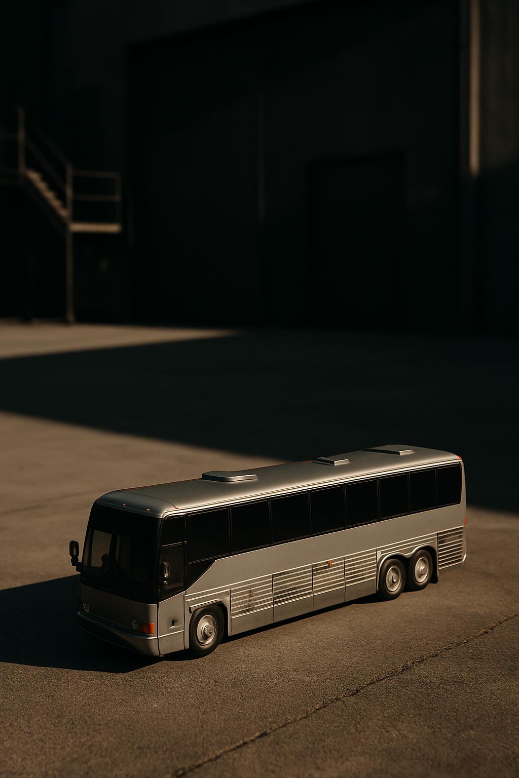 A silver retro model bus in a dark parking lot, lit by a sliver of light from the top left side.